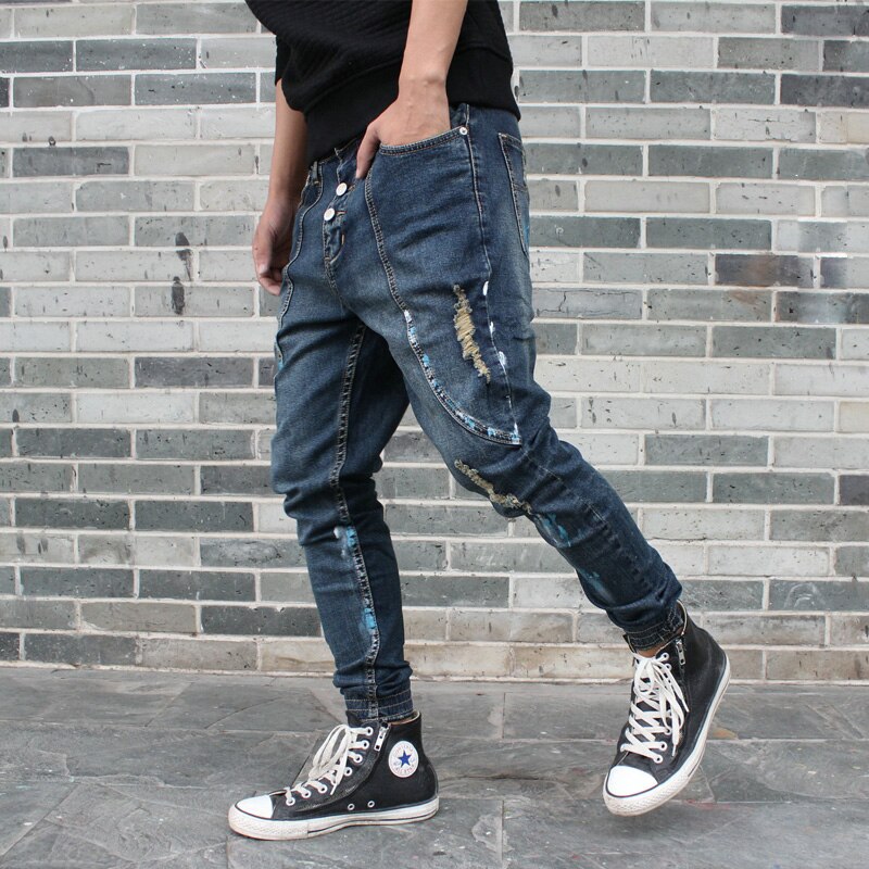 Ripped Harem Jeans Mannen Casual Patchwork Slim Joggers Broek Hip Hop Verontruste Denim Broek Laag Kruis Man Kleding