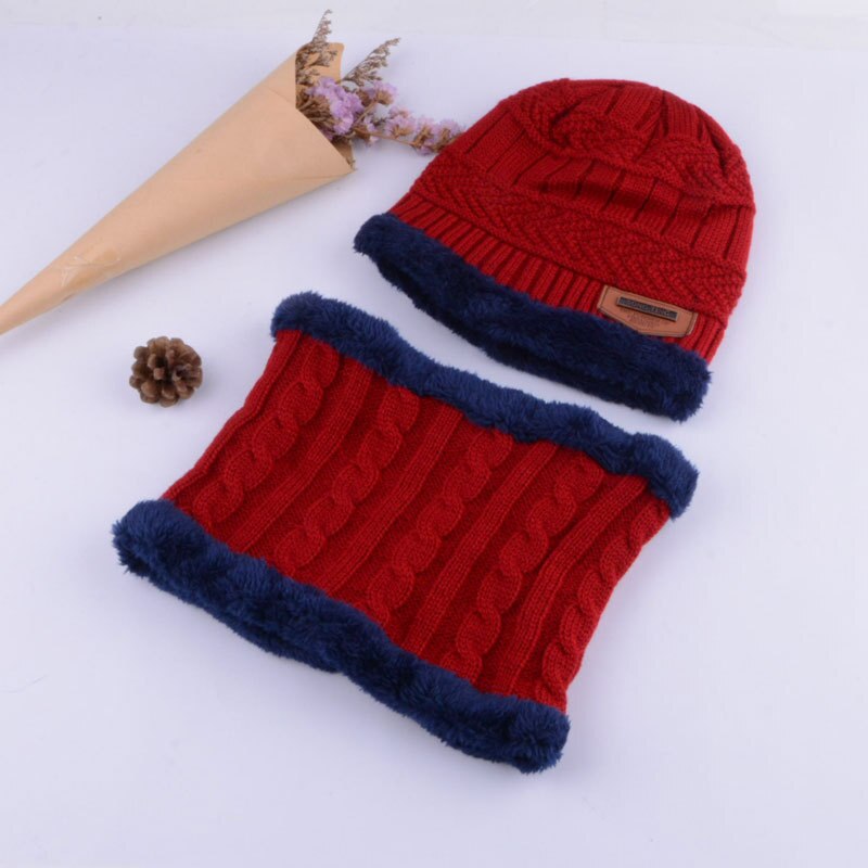 Vinter gutt lue skjerf sett fast strikket lue lokk tykkere varm fløyel låve hatt sikring caps ski myk ringe skjerf låve: Rød