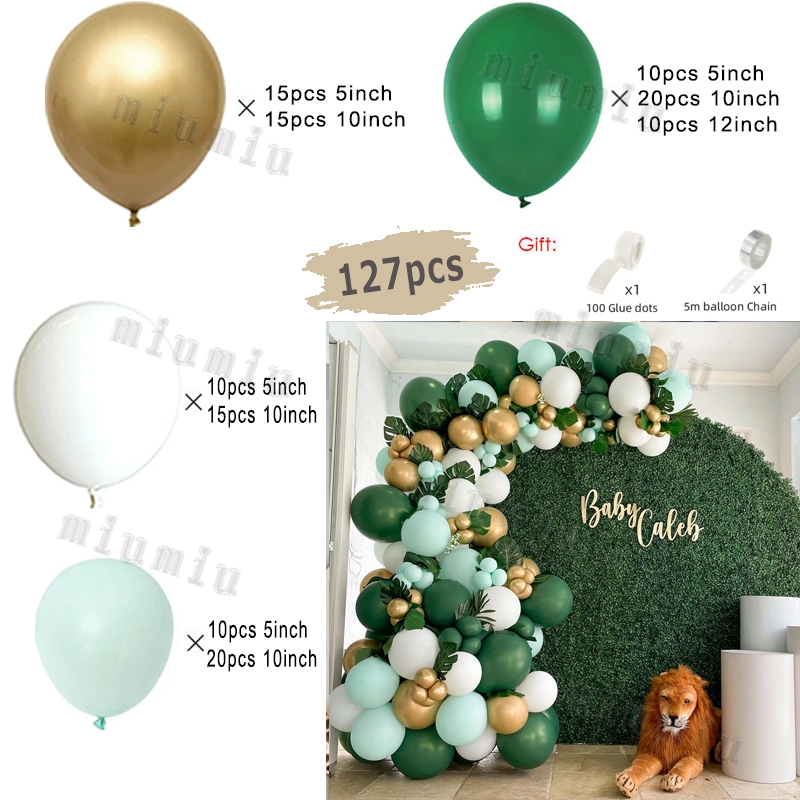 Kit de arco de guirnalda de globos blancos de Safari en la jungla, suministros para de cumpleaños para niños, globos de látex dorados con patrón de ciervo, decoración para Baby Shower: Verde claro
