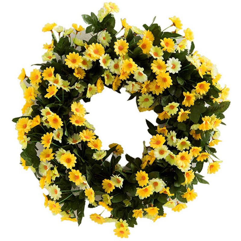 SUREH Kunstmatige zonnebloemkrans met gele zonnebloem en groene bladeren 30 cm zijden deurkrans zomer lente krans decoratie ronde krans voor de voordeur, bruiloft, woondecoratie