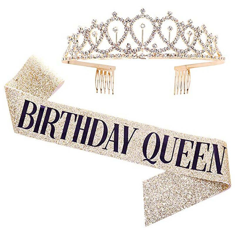Bling Rhinestone Crystal Crown Tiara Birthday Anniversary Decoration Happy 18 21 30 40 50th Birthday Satin Sash Party Supplies: GDB