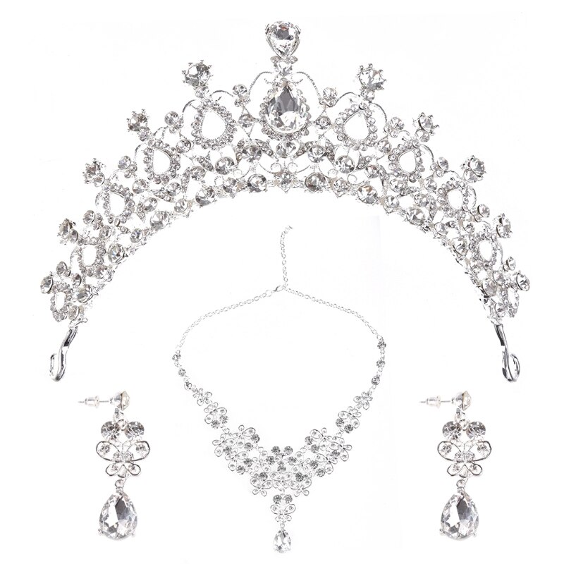 Tiara Kroon Oorbellen Ketting Sets Voor Bruid Bruiloft Prom Party Jurk Rhinestone Zilveren Kroon Wedding Earring: 2