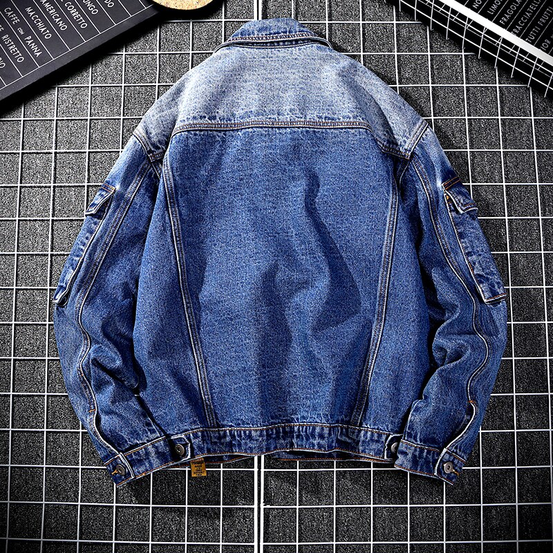 multi-pocket tooling denim jacket men's loose casual washed Cargo jeans jacket Cowboy Outwear Coat