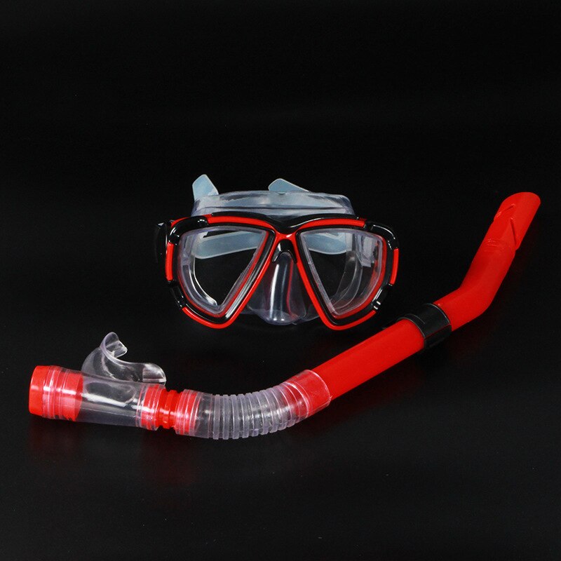 1 Set 4Colors Swimming Goggles Underwater Fog Half Face Nose Clip Glasses Diving Bikini Mask Tempered Glass Lens Snorkel Goggles: Red