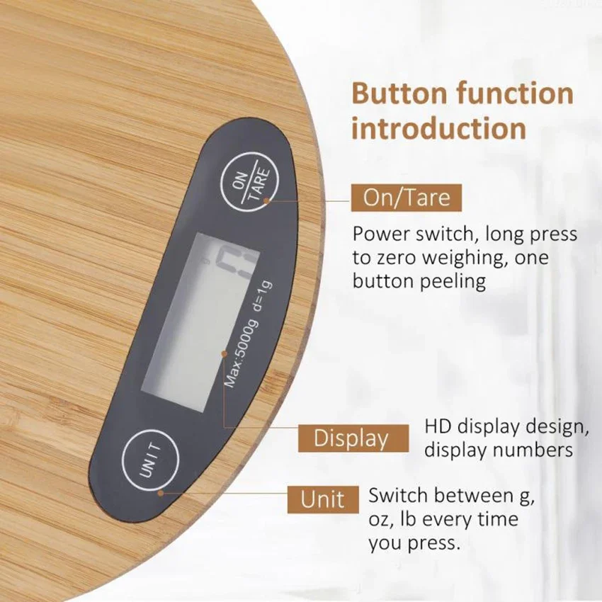 Digitale keukenweegschaal, multifunctionele bamboe voedselweegschaal Bakmes gewicht, 1 g/5 kg, tariefunctie, 4 eenheden (G/ML/OZ/LB.OZ)