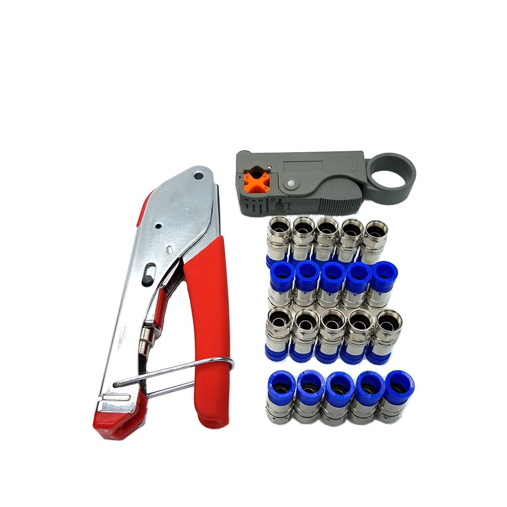 Coax Cable Crimper Coaxial Compression Tool Kit RG59/RG6 Cable TV Crimping Tool Set Wire Stripper with 20 F Heads Connectors