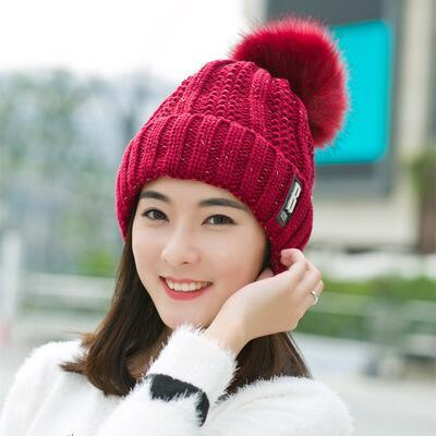 Neck warm Balaclava knitted winter hat Big Fur pom poms ball Knitted hats scarf set women Beanie Hat thick Skullies female cap: red wine hat
