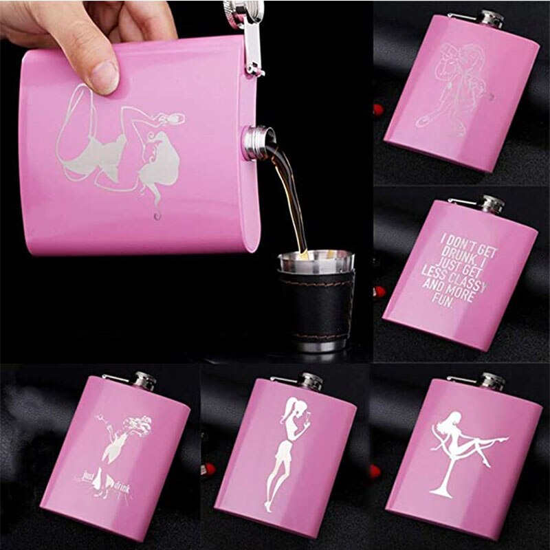 Mini Hip Flask 8oz Pink Alcohol Flask Stainless Steel Bachelorette Party Wedding for Bridesmaids