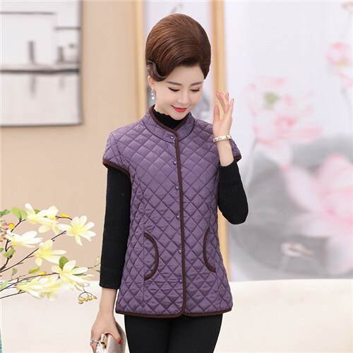 Rutiga quiltade västar höst vinter dam kappa plus size solid väst ärmlös bomull vadderad mamma varma ytterkläder: Lila / 4xl