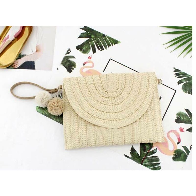 Bolso de mano de mimbre para mujer, pequeño, tejido de paja, playa estilo Bohemia, bolso circular, bolso bohemio: Beige