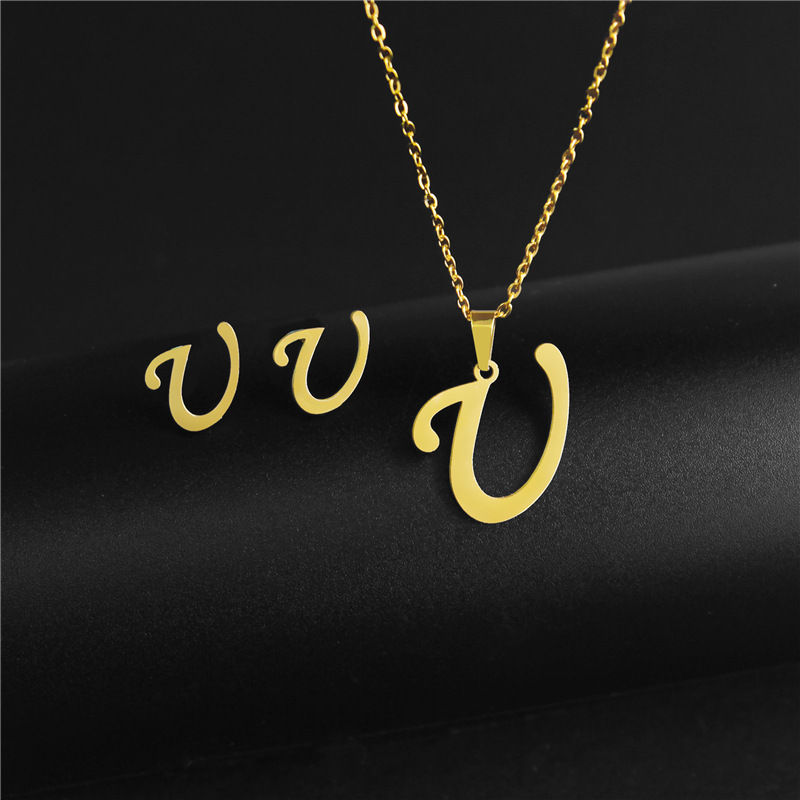 A-Z 26 charm Initial Necklace And Stud Earrings Jewelry Sets Alphabet Pendant Chain Letter mom: Blue white zinc plated