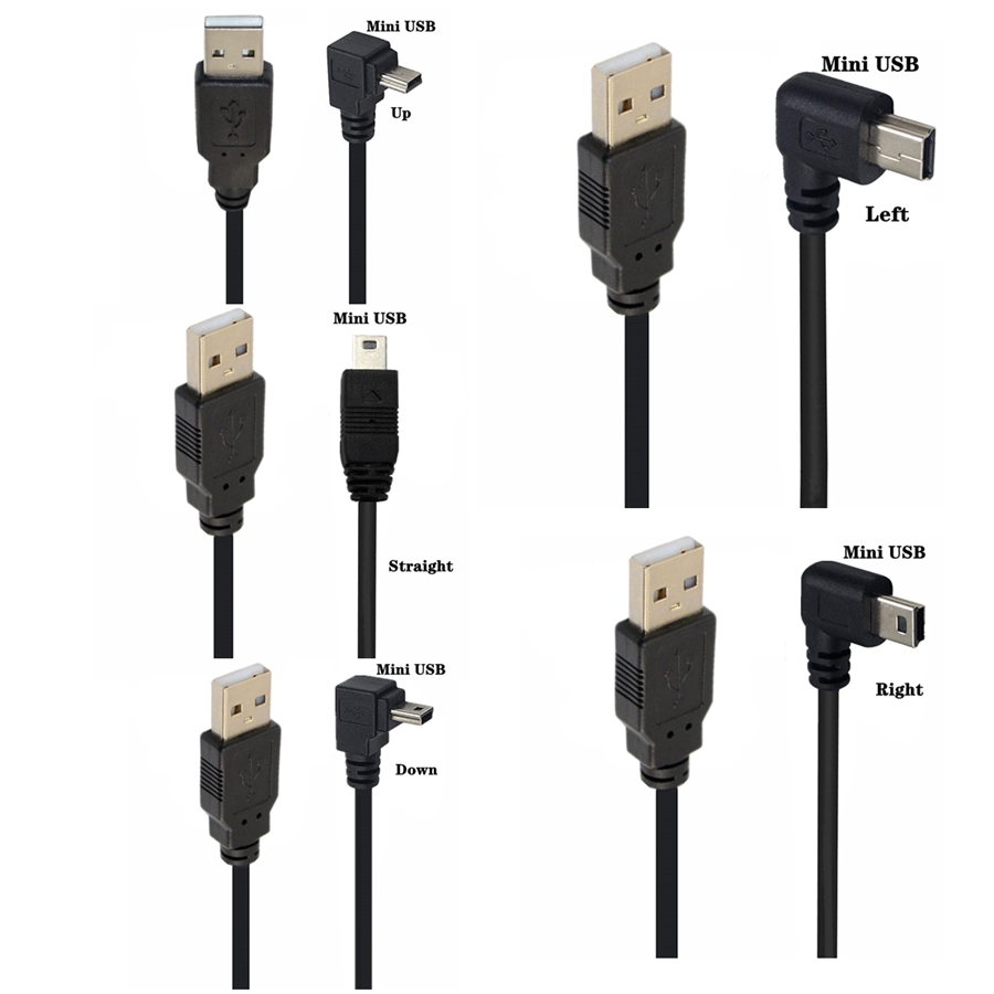 Micro USB/Mini USB 5-pins mannelijke naar USB mannelijke adapter, 90 graden dubbele bocht (omhoog/omlaag/links/rechts), korte kabel 25CM/1M/3M/5M