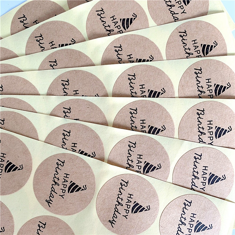 100PCS/lot Round Happy Birthday Kraft paper Sticker for Handmade Products baking seal label