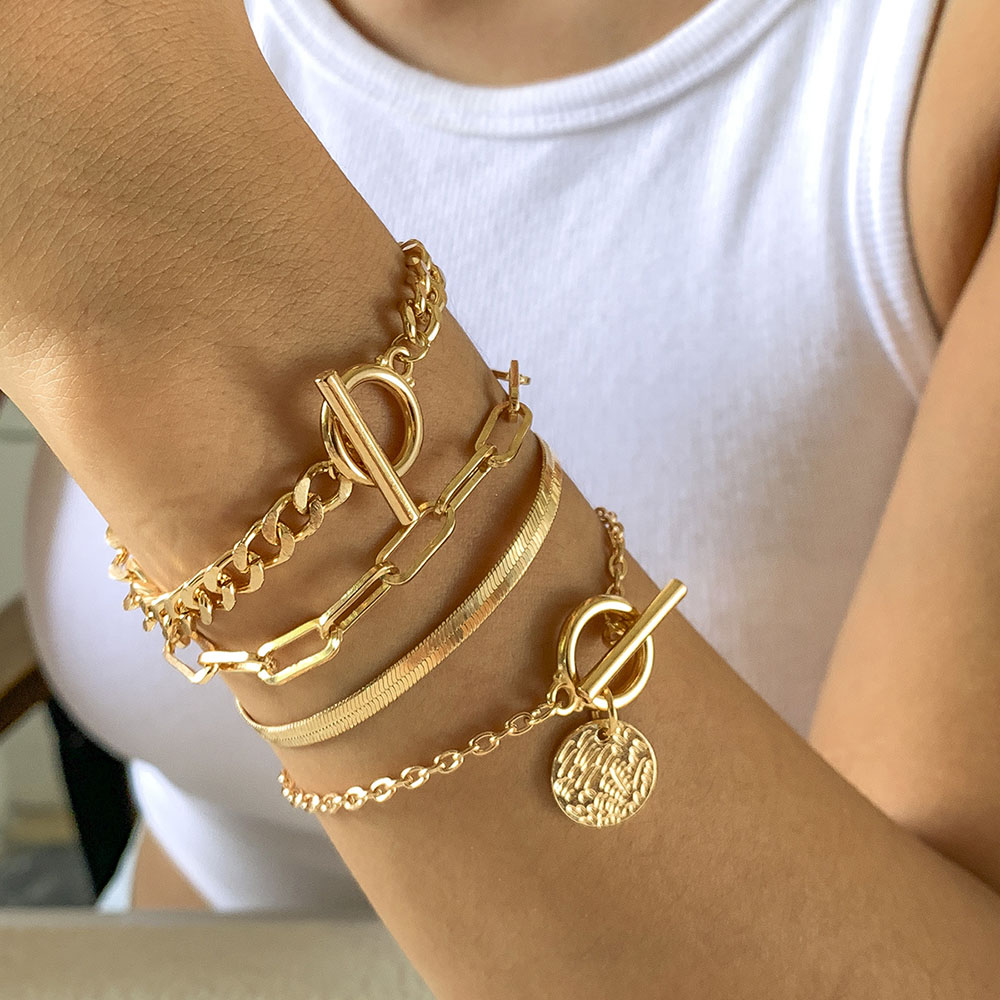 Pulsera ajustable geométrica multicapa bohemia para mujer, cadena de serpiente plana a la Punk, conjunto de pulseras de Metal huecas, de joyería para niña
