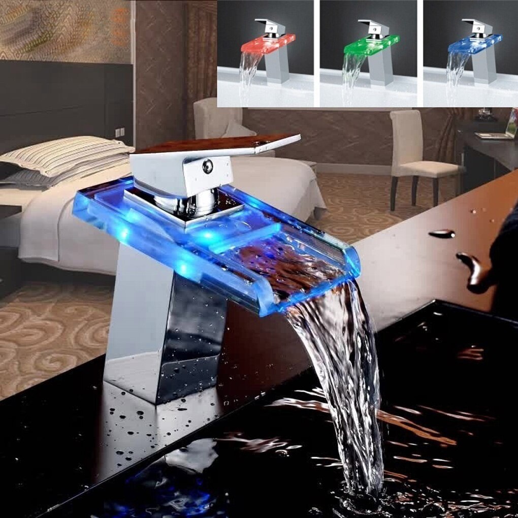 Waterfall Bathroom Sink Tap Faucet Glass Spout Brass Single Handle Kitchen Sink Basin Faucet