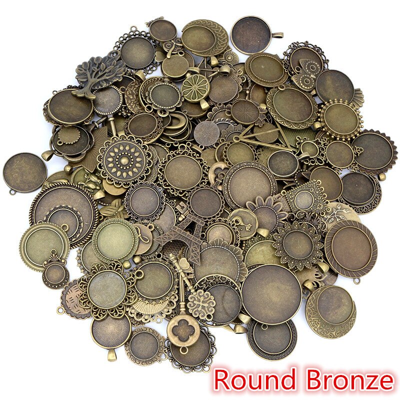 30 Gramm Mix Styles Antike Bronze Versilberte Zinklegierung Anhänger Blank Cameo Cabochon Base Setting Lünetten Schmuck Zubehör: Round Bronze