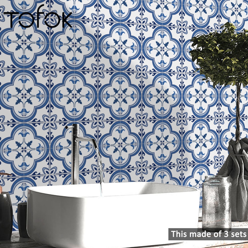 Tofok portugal blå mønster vinyl wallstickers selvklæbende gør-det-selv badeværelse køkken keramiske fliser gulvklistermærker boligindretning
