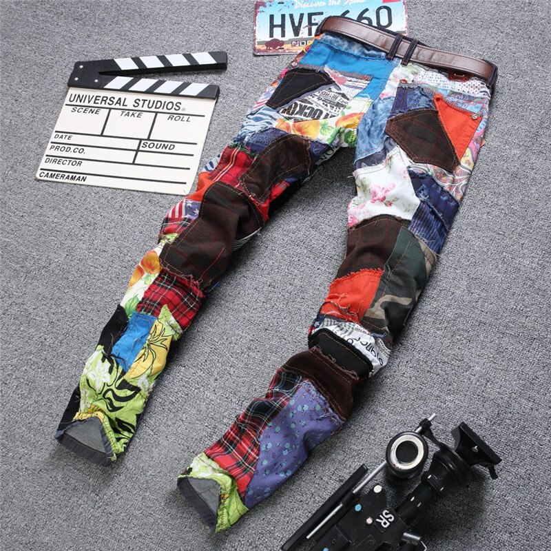 Farverige splejsede jeans mænd denim buksemærke slim fit jeans casual show denim joggers macacao masculino jeans