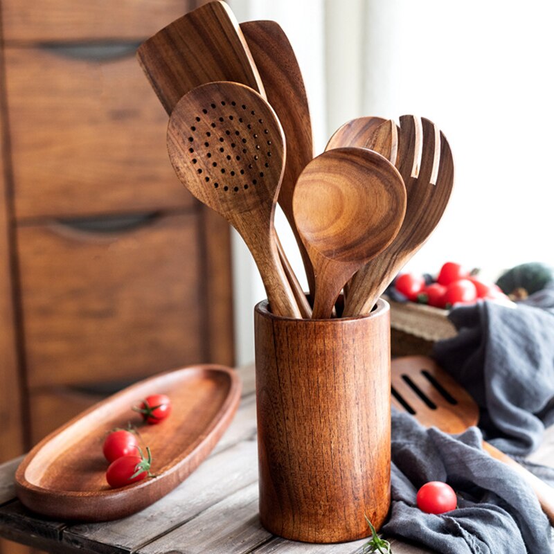 7 Uds. De cucharas de madera para cocinar juego de utensilios de cocina Cocina de madera conjunto de accesorios para cocina espátula de madera herramientas de cocina vajilla
