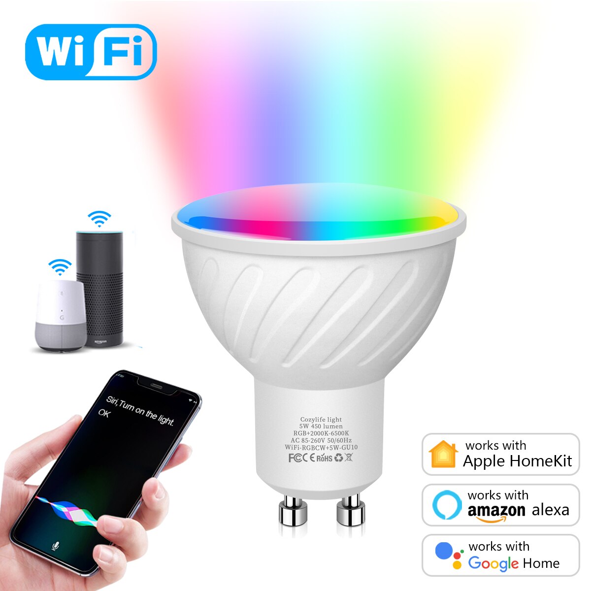 Wireless LED WIFI Smart Lamp Dimmable E14 GU10 APP Control E27 RGB Light Bulb Work With Apple Homekit Siri Alexa Google Home: GU10 5W / Light Bulb x 2