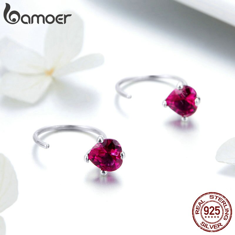 BAMOER romantique 925 en argent Sterling battement de coeur forme rose rouge CZ boucles d'oreilles pour les femmes bijoux en argent SCE531