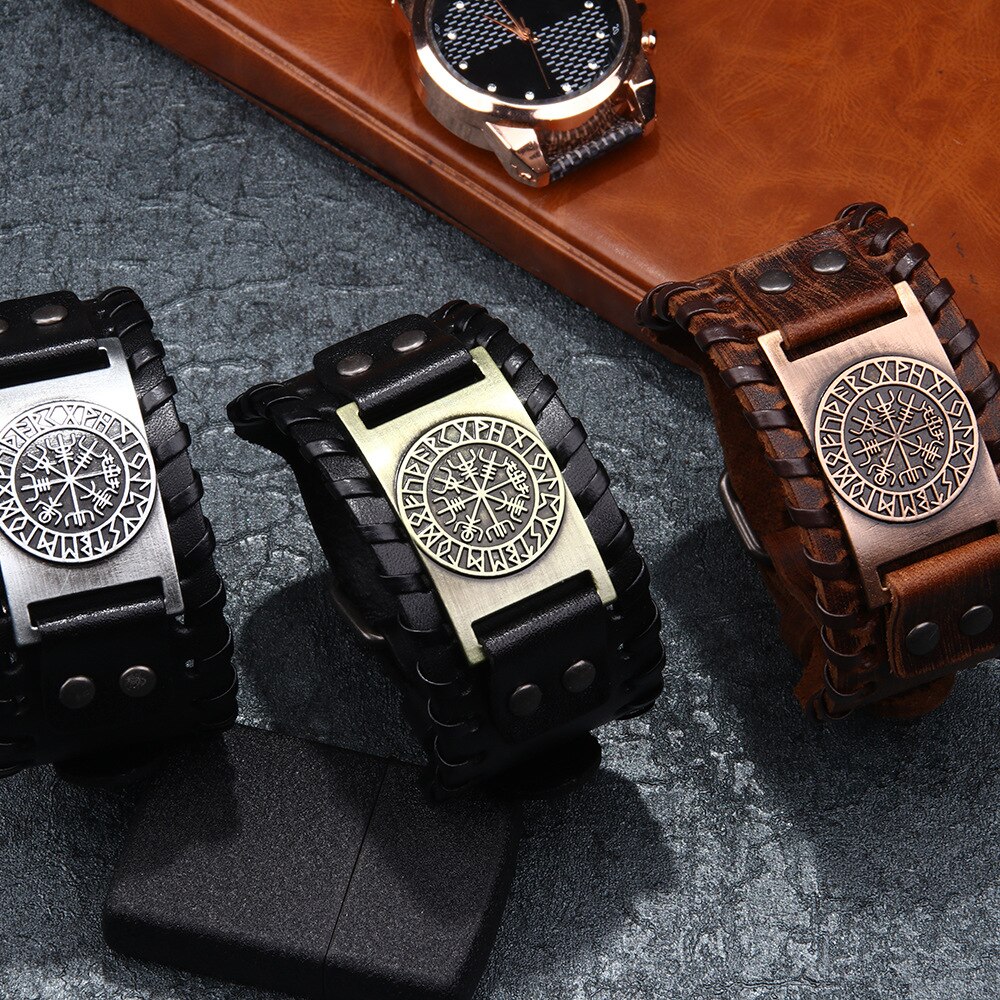 Bracelet rétro en cuir pour hommes, large, boussole de Pirate, bijoux Viking celtiques, accessoires, de fête,