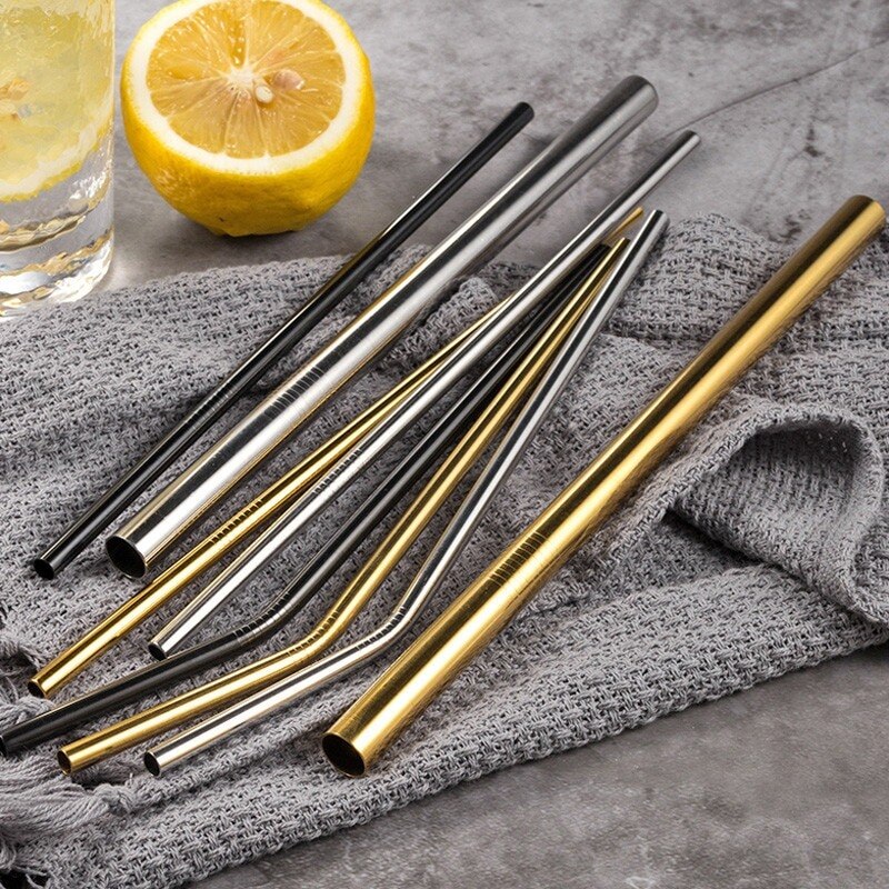 Kitchen Accessories Gadget Reusable 304 Stainless Steel Drinking Straws Metal Drinks Cup Straw With Clean Brush and bag set