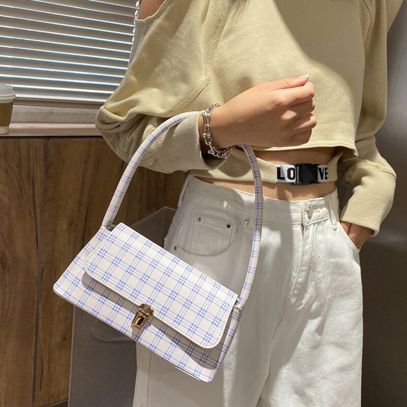 Bolso cruzado retro a cuadros para mujer, baguette con axilas, cadena de hombro, bolso de mano femenino y monedero