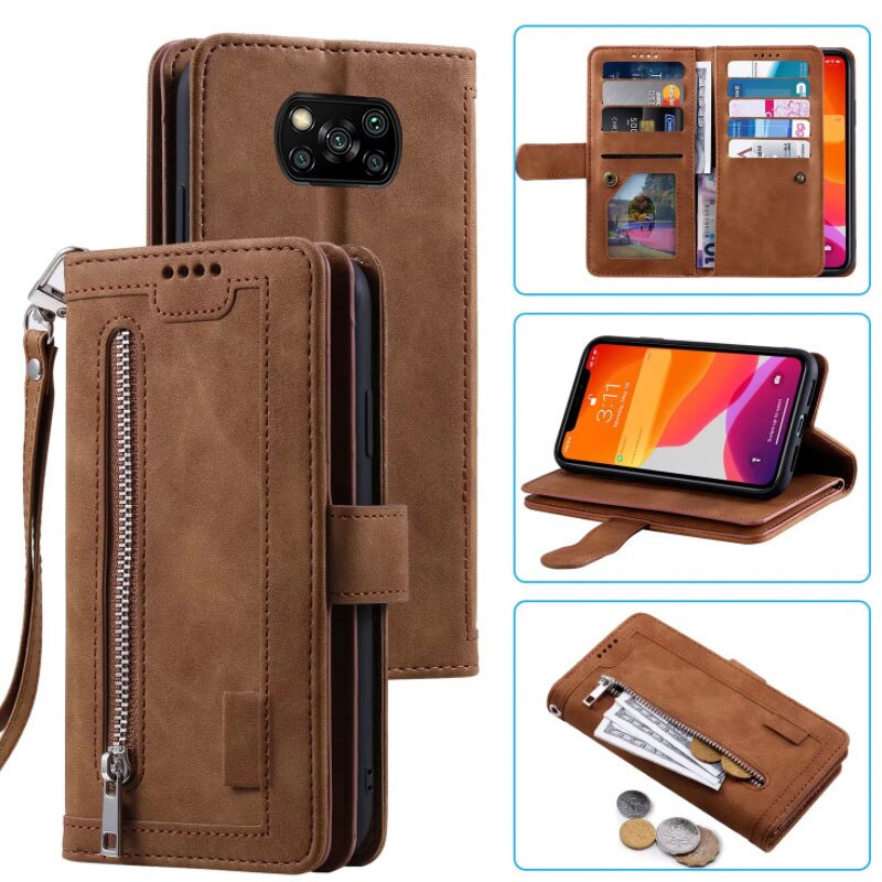 9 Kaarten Wallet Case Voor Xiaomi Poco X3 Nfc/X3 Pro Telefoon Geval Card Slot Rits Flip Folio Met polsband