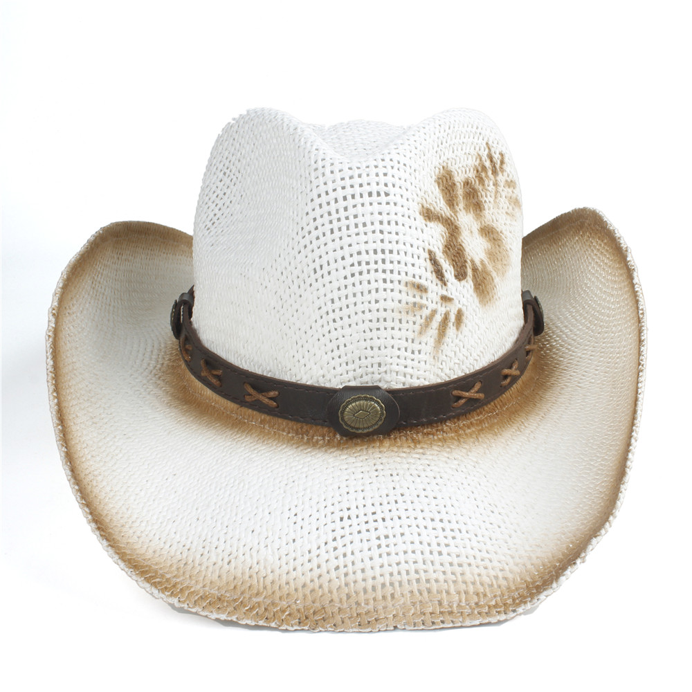 Sombrero de paja ahuecado para mujer, Sombrero de paja ahuecado, estilo bohemio, hecho a mano, estilo Cowboy del Oeste, Jazz, talla 56-58CM