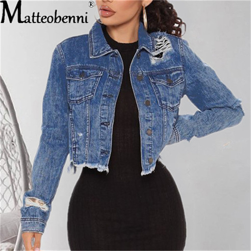 Blau Abgeschnitten Denim Jacken Frauen Lange Hülse Mit Geschmack Taschen Jahrgang Mantel Herbst Winter Streetwear gerissen Jean Outwear: XXXL