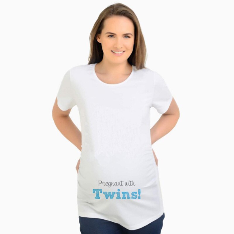 Funny maternity t-shirts Pregnant With Twins letters print pregnancy t shirts short sleeve white tees tops for pregnant women