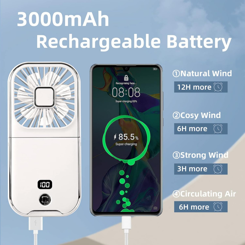 Draagbare oplaadbare 4 snelheden verstelbare mini-nekventilator Elektrische ventilator 3000 mAh Werkt op batterijen Kleine ventilator Snelle warmteafvoer