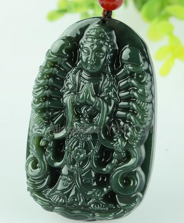 Mooie Natuurlijke Groene Tian Gesneden Chinese Duizend Hand GuanYin Amulet Lucky Hanger Ketting + Certificaat Fijne Sieraden