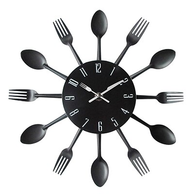 Cutlery Metal Kitchen Wall Clock Spoon Fork Quartz Wall Mounted Clocks Modern Decorative Horloge Murale: Black