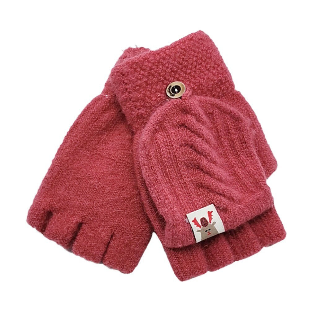 Winter Mittens Gloves Children Girls Winter Cute Cartoon Mittens Gloves Girls Knitted Convertible Fingerless Mittens Gloves: Red