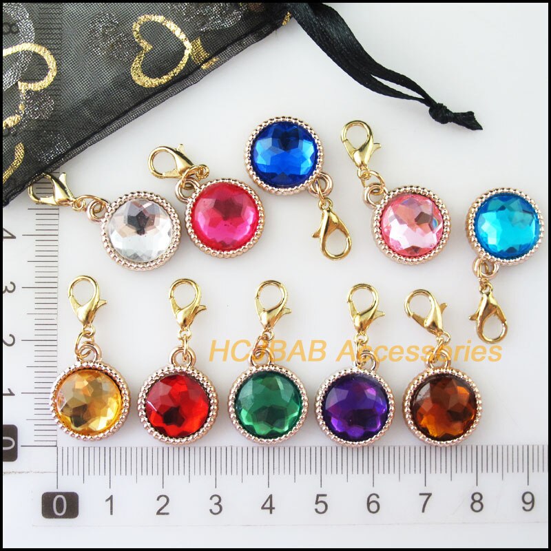 20Pcs KC Gold Plated Mixed Acrylic Round With Lobster Claw Clasps Charms 15.5x19mm