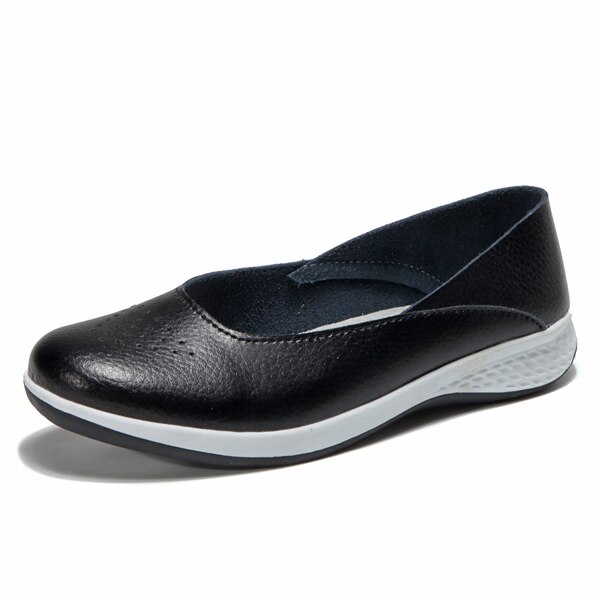 EOFK dames mocassins en cuir confortables ballerines femmes casual Slip-on peu profonde grande taille chaussures à bout rond: Black / 7