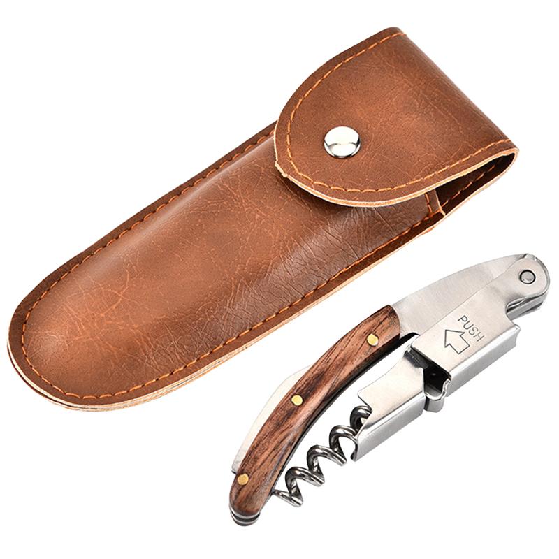 Bottle OpenerAll-in-one Stainless Steel Corkscrew with Wood Handle and Leather Case