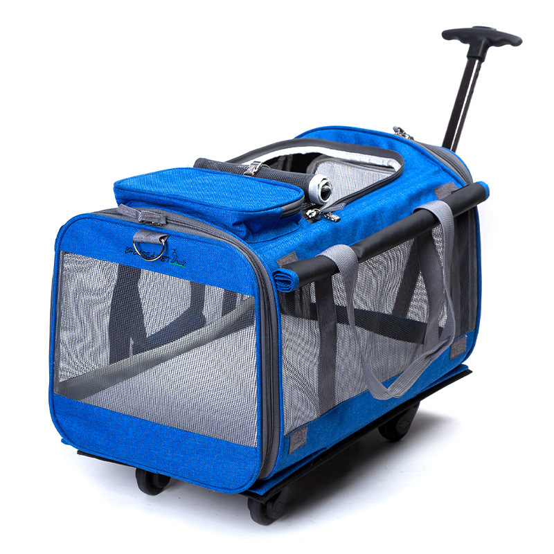 Portátil caso do trole do gato do animal de estimação roda universal destacável respirável dobrável grande capacidade saco de viagem do filhote de cachorro sacos de malha: sky blue