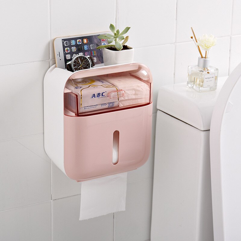 Porte-papier hygiénique étanche, porte-serviettes en papier/distributeur de salle de bain en plastique, porte-rouleau papier toilette mural avec rangement: pink