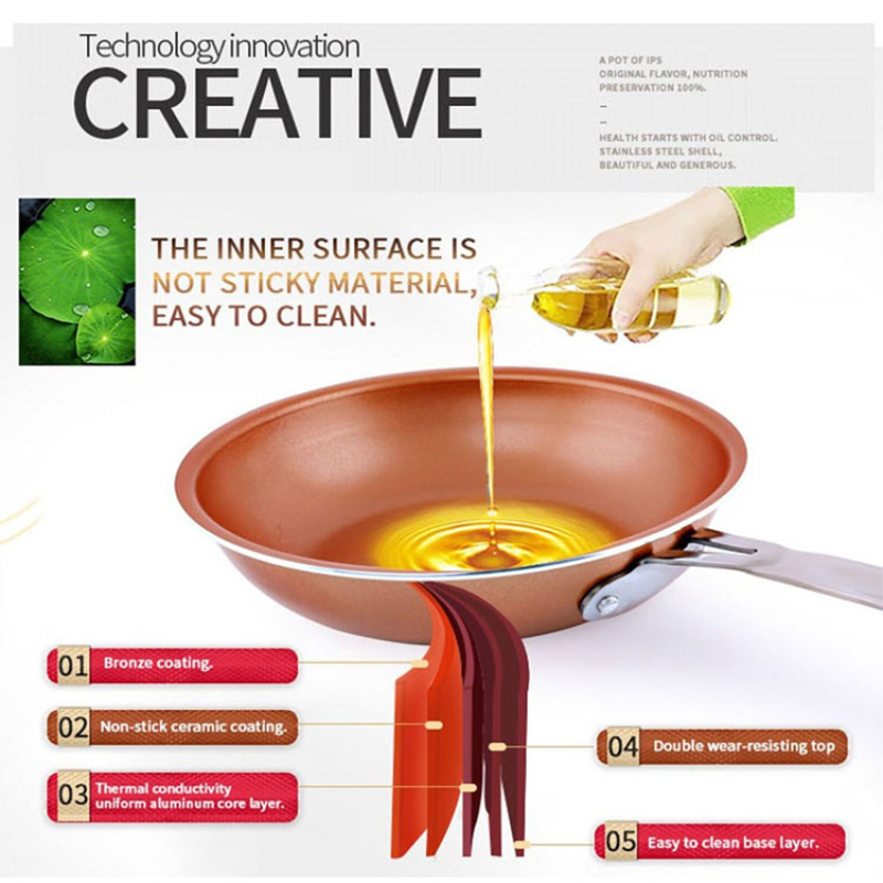 Induction cooktop round pan pressed aluminum alloy pan copper color nonstick aluminum pan