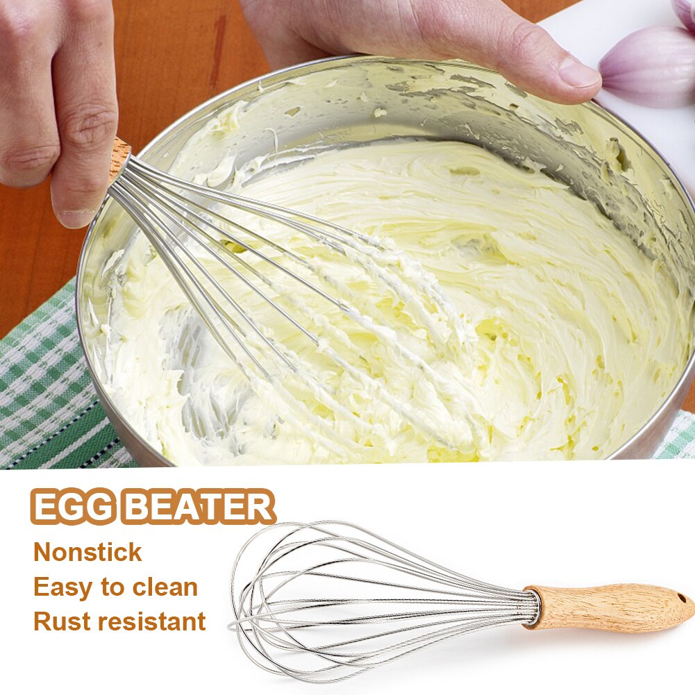 Hand Whisk Cooking Baking Restaurant Easy Clean Wooden Handle Beater Home Kitchen Stirring Stainless Steel Manual Blender