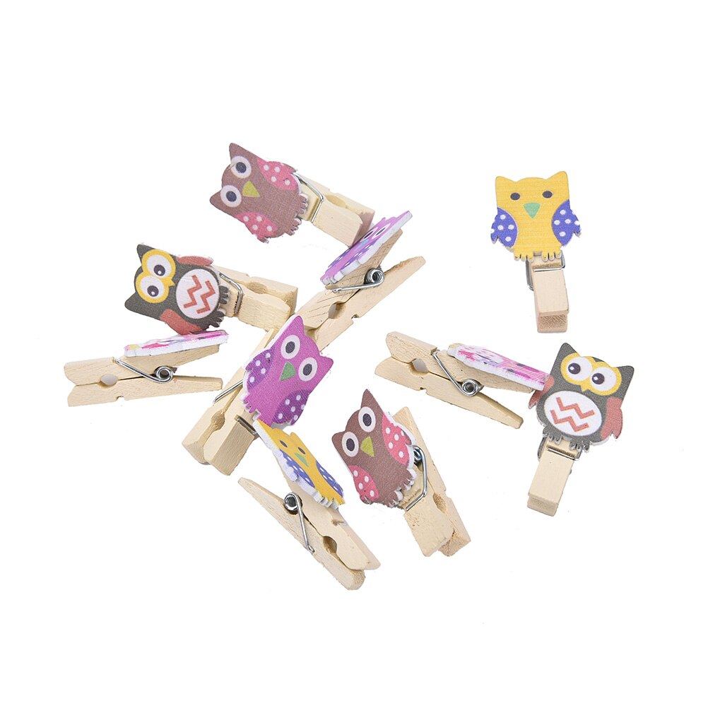 10 Stks/zak Kawaii Uil Houten Clip Wasknijpers Fotopapier Postkaart Craft Diy Clips Met Hennep Touw