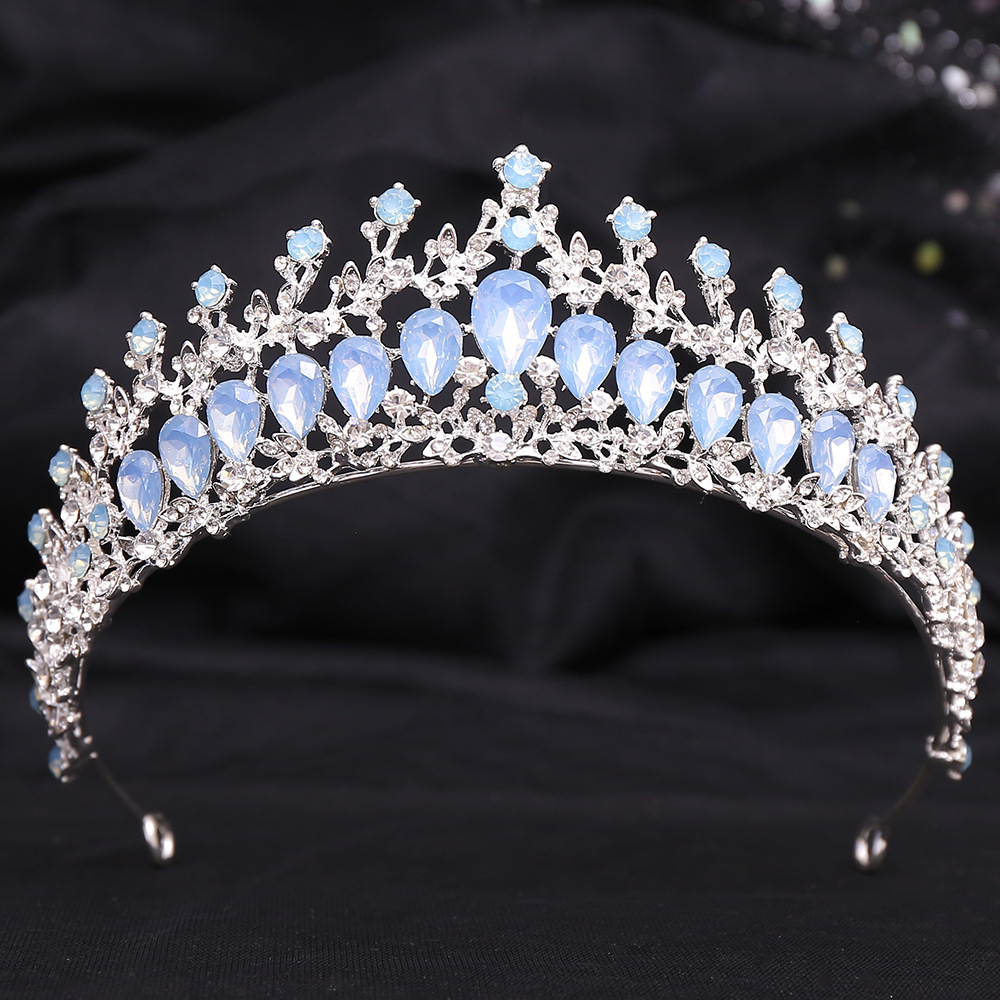 Zilveren Kleur Blauw Opaal Bruiloft Kroon Prinses Hoofdtooi Kristal Bruids Tiara 'S Strass Diadeem Bruiloft Haar Sieraden Accessoires: Blauw