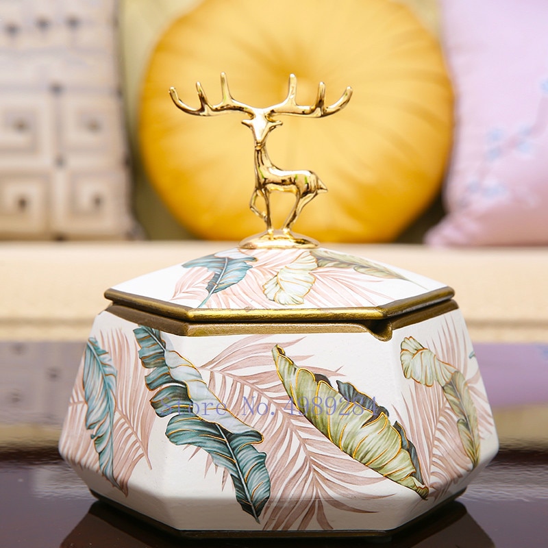 Keramik askebæger med betræk gyldne hjorte farvede blade moderne hjem stue hjem multifunktionel opbevaring dekoration