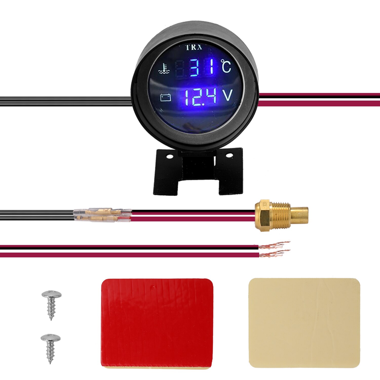 Indicador de Temperatura de agua Digital Led redondo para coche y camión, Sensor de Temperatura, Temperatura para Moto + voltímetro, medidor de voltaje de voltios 2 en 1, 12,0 V, 24V: Azul