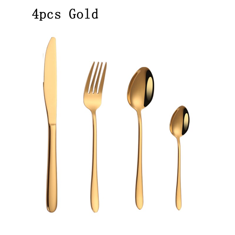 Flatware Forks Knives Spoons Stainless Steel Silverware Set Cutlery Sets Tea Spoon Dinner Wedding Dinnerware Steel Mirror Polish: 4pcs Gold
