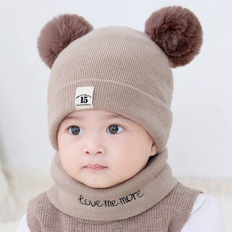 2 stuks/set winter baby muts sjaal schattige dubbele pompon mutsen sjaals gebreide warme baby jongen meisje muts o ring sjaal: 0-12 maanden kaki 1