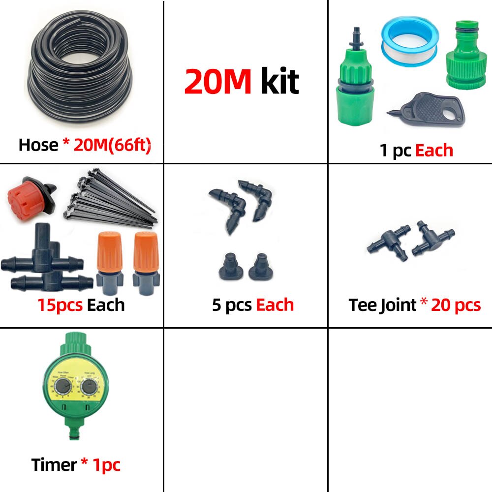 20M Drip Irrigation System Automatic Watering Irrigation System Kit Garden Hose Mist Irrigation System Kits Adjustable Dripper: 20M Timer